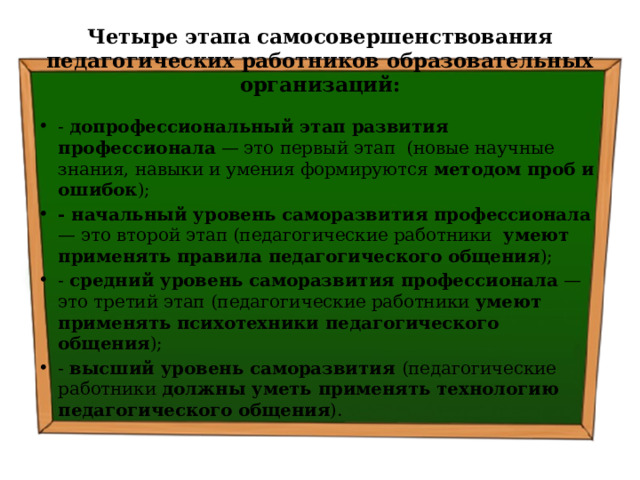 Четыре этапа самосовершенствования педагогических работников образовательных организаций: - допрофессиональный этап развития профессионала — это первый этап (новые научные знания, навыки и умения формируются методом проб и ошибок ); - начальный уровень саморазвития профессионала — это второй этап (педагогические работники умеют применять правила педагогического общения ); - средний уровень саморазвития профессионала — это третий этап (педагогические работники умеют применять психотехники педагогического общения ); - высший уровень саморазвития (педагогические работники должны уметь применять технологию педагогического общения ). 