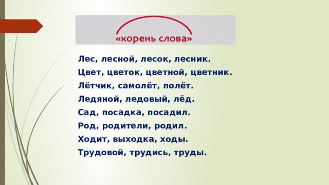  Лес, лесной, лесок, лесник. Цвет, цветок, цветной, цветник. Лётчик, самолёт, полёт. Ледяной, ледовый, лёд. Сад, посадка, посадил. Род, родители, родил. Ходит, выходка, ходы. Трудовой, трудись, труды. 