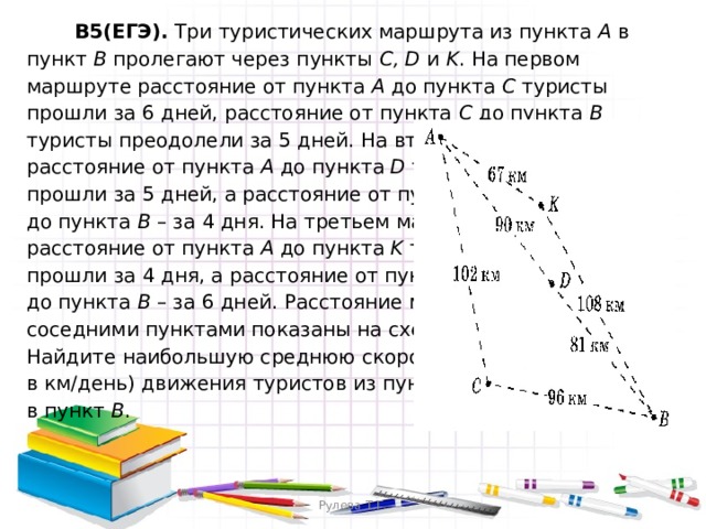  В5(ЕГЭ). Три туристических маршрута из пункта A в пункт B пролегают через пункты C, D и K . На первом маршруте расстояние от пункта A до пункта C туристы прошли за 6 дней, расстояние от пункта C до пункта B туристы преодолели за 5 дней. На втором маршруте  расстояние от пункта A до пункта D туристы  прошли за 5 дней, а расстояние от пункта D   до пункта B – за 4 дня. На третьем маршруте  расстояние от пункта A до пункта K туристы  прошли за 4 дня, а расстояние от пункта K   до пункта B – за 6 дней. Расстояние между  соседними пунктами показаны на схеме.  Найдите наибольшую среднюю скорость  в км/день) движения туристов из пункта A   в пункт B .   Рулева Т.Г. 