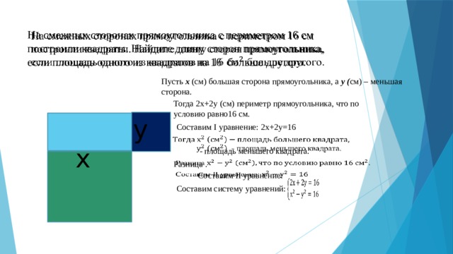 На смежных сторонах прямоугольника с периметром 16 см построили квадраты. Найдите длину сторон прямоугольника, если площадь одного из квадратов на 16 больше другого.   Пусть х (см) большая сторона прямоугольника, а у ( см) – меньшая сторона. Тогда 2х+2у (см) периметр прямоугольника, что по условию равно16 см. у Составим I уравнение: 2х+2у=16    - площадь меньшего квадрата. х Разница .   Составим II уравнение:     Составим систему уравнений: 