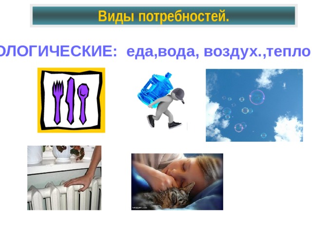 Виды потребностей. БИОЛОГИЧЕСКИЕ: еда,вода, воздух.,тепло, сон