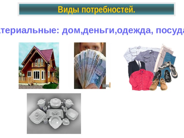 Виды потребностей. Материальные: дом,деньги,одежда, посуда,