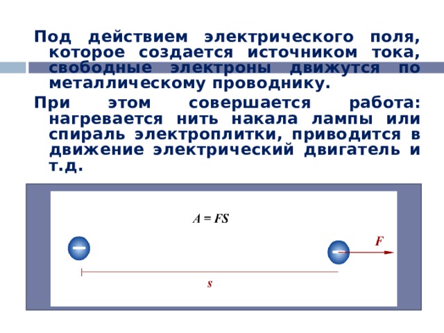 Под действием электрического поля, которое создается источником тока, свободные электроны движутся по металлическому проводнику. При этом совершается работа: нагревается нить накала лампы или спираль электроплитки, приводится в движение электрический двигатель и т.д. 