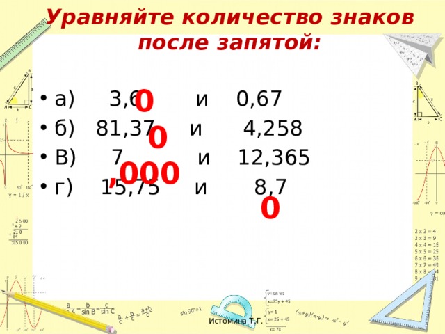 Число знаков после запятой. Уравняйте число знаков после запятой. 4 Знака после запятой. Уравнять число десятичных знаков. 6 Знаков после запятой.