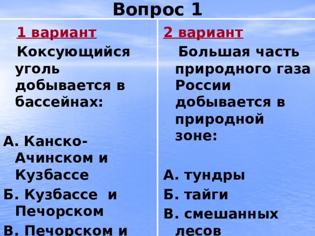 Вопрос 1  1 вариант 2 вариант  Коксующийся уголь добывается в бассейнах:  Большая часть природного газа России добывается в природной зоне:   А.  Канско-Ачинском и Кузбассе А. тундры Б. Кузбассе и Печорском Б. тайги В. Печорском и Канско-Ачинском В. смешанных лесов 