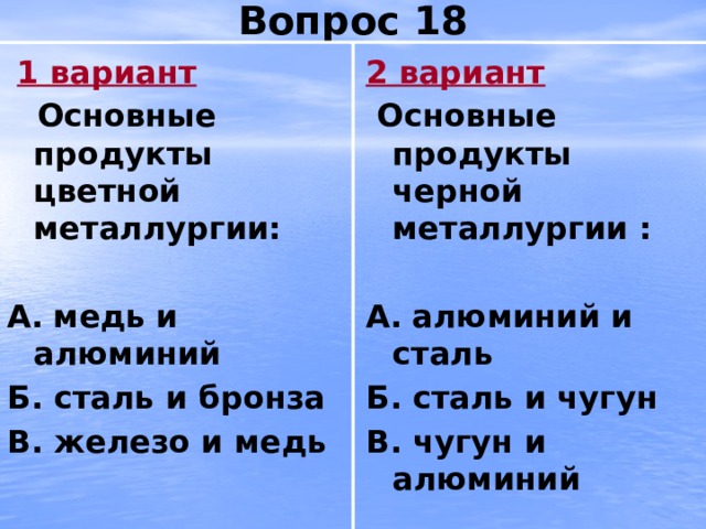 Вопрос 18  1 вариант 2 вариант  Основные продукты цветной металлургии:  Основные продукты черной металлургии :   А.  медь и алюминий А.  алюминий и сталь Б. сталь и бронза Б. сталь и чугун В. железо и медь В. чугун и алюминий 