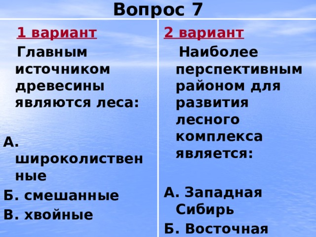 Вопрос 7 2 вариант  1 вариант  Главным источником древесины являются леса:  Наиболее перспективным районом для развития лесного комплекса является:   А.  широколиственные А.  Западная Сибирь Б. смешанные Б. Восточная Сибирь В. хвойные В. Дальний Восток  