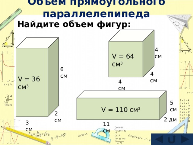 Объем прямоугольного параллелепипеда Найдите объем фигур: 4 см V = 64 см 3 6 см 4 см V = 36 см 3 4 см 5 см V = 110 см 3 2 см 2 дм 3 см 11 см 