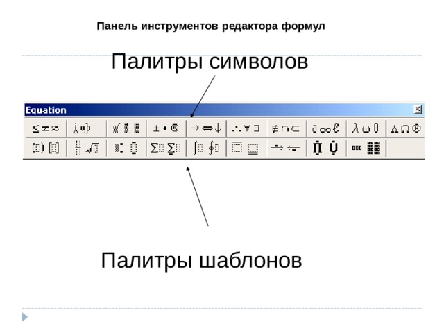 Панель инструментов редактора формул Палитры символов Палитры шаблонов 