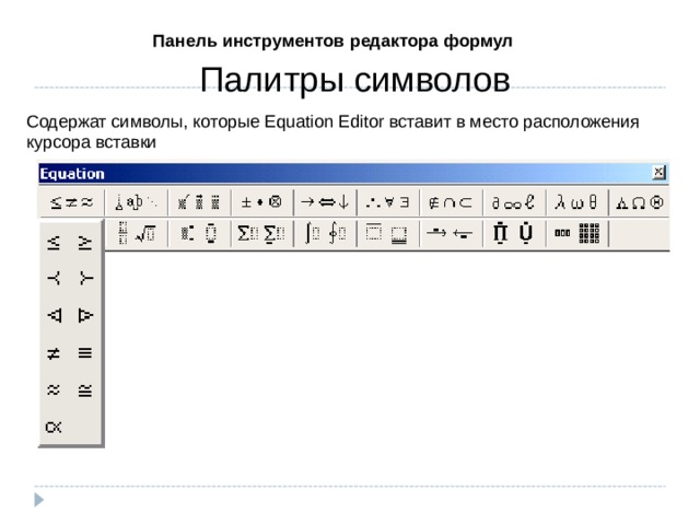Панель инструментов редактора формул Палитры символов Содержат символы, которые Equation Editor вставит в место расположения курсора вставки 