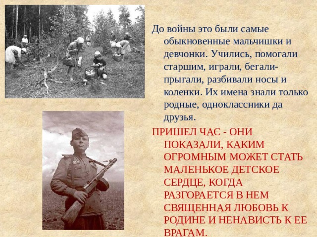 До войны это были самые обыкновенные мальчишки и девчонки. Учились, помогали старшим, играли, бегали-прыгали, разбивали носы и коленки. Их имена знали только родные, одноклассники да друзья. ПРИШЕЛ ЧАС - ОНИ ПОКАЗАЛИ, КАКИМ ОГРОМНЫМ МОЖЕТ СТАТЬ МАЛЕНЬКОЕ ДЕТСКОЕ СЕРДЦЕ, КОГДА РАЗГОРАЕТСЯ В НЕМ СВЯЩЕННАЯ ЛЮБОВЬ К РОДИНЕ И НЕНАВИСТЬ К ЕЕ ВРАГАМ. 