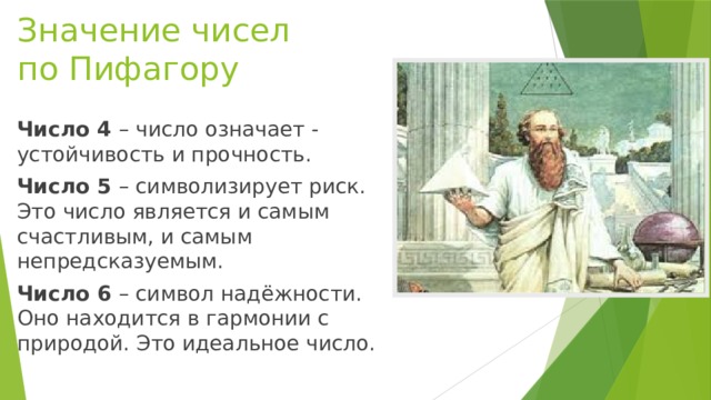 Значение чисел по Пифагору Число 4 – число означает - устойчивость и прочность. Число 5 – символизирует риск. Это число является и самым счастливым, и самым непредсказуемым. Число 6 – символ надёжности. Оно находится в гармонии с природой. Это идеальное число.