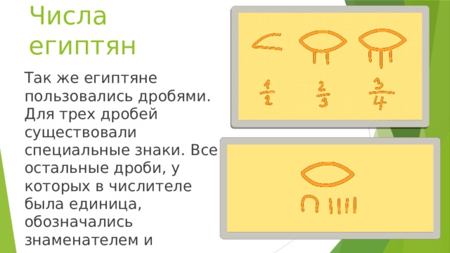 Числа египтян Так же египтяне пользовались дробями. Для трех дробей существовали специальные знаки. Все остальные дроби, у которых в числителе была единица, обозначались знаменателем и похожим на глаз значком сверху.