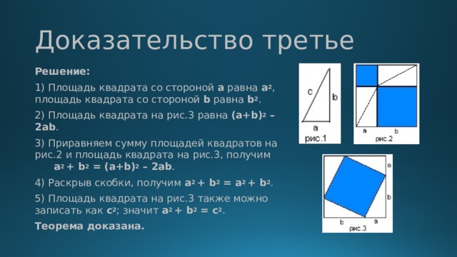 Доказательство третье Решение: 1) Площадь квадрата со стороной a равна a 2 , площадь квадрата со стороной b равна b 2 . 2) Площадь квадрата на рис.3 равна (a+b) 2 – 2ab . 3) Приравняем сумму площадей квадратов на рис.2 и площадь квадрата на рис.3, получим a 2 + b 2 = (a+b) 2 – 2ab . 4) Раскрыв скобки, получим a 2 + b 2 = a 2 + b 2 . 5) Площадь квадрата на рис.3 также можно записать как с 2 ; значит a 2 + b 2 = с 2 . Теорема доказана.