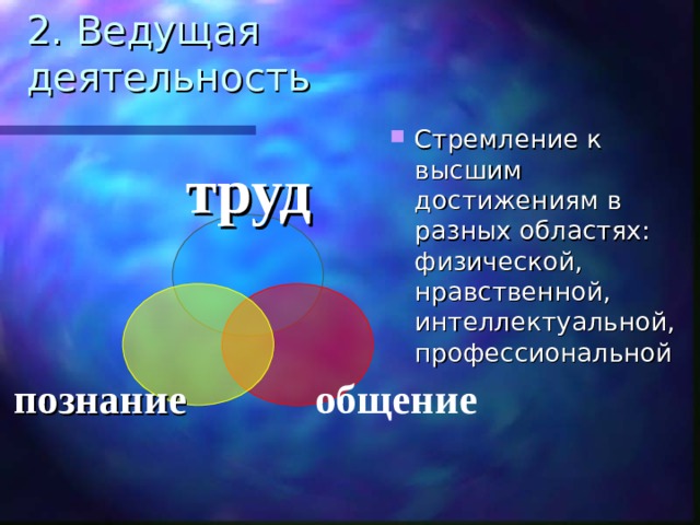 2. Ведущая деятельность Стремление к высшим достижениям в разных областях: физической, нравственной, интеллектуальной, профессиональной труд Человек формируется как субъект познания, общения и труда общение познание 7 