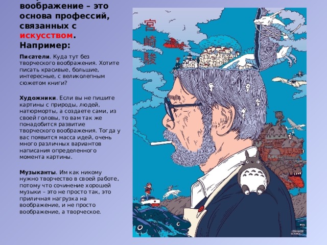 Творческое воображение – это основа профессий, связанных с искусством . Например: Писатели . Куда тут без творческого воображения. Хотите писать красивые, большие, интересные, с великолепным сюжетом книги? Художники . Если вы не пишите картины с природы, людей, натюрморты, а создаете сами, из своей головы, то вам так же понадобится развитие творческого воображения. Тогда у вас появится масса идей, очень много различных вариантов написания определенного момента картины. Музыканты . Им как никому нужно творчество в своей работе, потому что сочинение хорошей музыки – это не просто так, это приличная нагрузка на воображение, и не просто воображение, а творческое. 