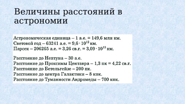 Величины расстояний в астрономии 