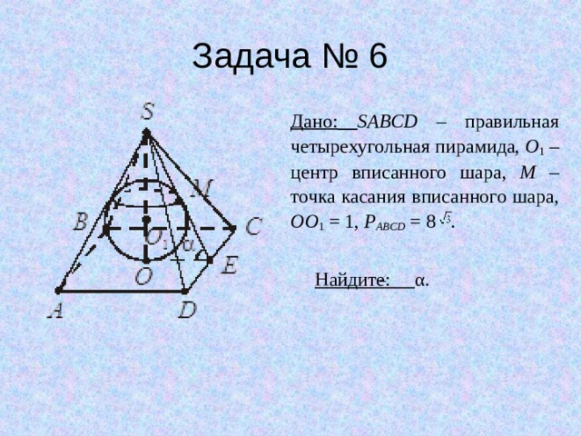 Задача № 6 Дано:  SABCD – правильная четырехугольная пирамида, O 1 – центр вписанного шара, M – точка касания вписанного шара, OO 1 = 1, P ABCD = 8 .  Найдите: α. 