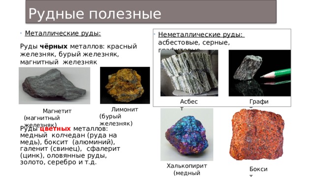 Рудные полезные  ископаемые Металлические  руды: Руды чёрных металлов: красный железняк, бурый железняк,  магнитный железняк Неметаллические руды:  асбестовые, серные,  графитовые Асбе с т Графит Лимонит (бурый  железняк) Магнетит (магнитный  железняк) Руды цветных металлов: медный колчедан (руда на медь), боксит (алюминий), галенит (свинец), сфалерит (цинк), оловянные  руды, золото, серебро и  т.д. Халькопирит (медный  колчедан) Бокс ит 