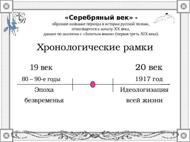 «Серебряный век» - образное название периода в истории русской поэзии, относящегося к началу XX века, данное по аналогии с «Золотым веком» (первая треть XIX века). Хронологические рамки 20 век 19 век 1917 год 80 – 90-е годы Идеологизация Эпоха безвременья всей жизни