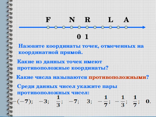 A L R N F 1 0 Назовите координаты точек, отмеченных на координатной прямой. Какие из данных точек имеют противоположные координаты? Какие числа называются противоположными ? Среди данных чисел укажите пары противоположных чисел: 