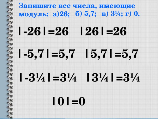 Запишите все числа, имеющие модуль: а)26; б) 5,7; в) 3 ¼ ; г) 0. |- 26 |= 26 | 26 |= 26 |- 5,7 |= 5,7 | 5,7 |= 5,7 |- 3 ¼|= 3 ¼ | 3 ¼|= 3 ¼ № 956 bp[ ext,ybrf | 0 |= 0  