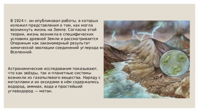 В 1924 г. он опубликовал работы, в которых изложил представления о том, как могла возникнуть жизнь на Земле. Согласно этой теории, жизнь возникла в специфических условиях древней Земли и рассматривается Опариным как закономерный результат химической эволюции соединений углерода во Вселенной. Астрономические исследования показывают, что как звёзды, так и планетные системы возникли из газопылевого вещества. Наряду с металлами и их оксидами в нём содержались водород, аммиак, вода и простейший углеводород — метан. 