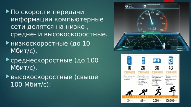 По скорости передачи информации компьютерные сети делятся на низко-, средне- и высокоскоростные. низкоскоростные (до 10 Мбит/с), среднескоростные (до 100 Мбит/с), высокоскоростные (свыше 100 Мбит/с); 