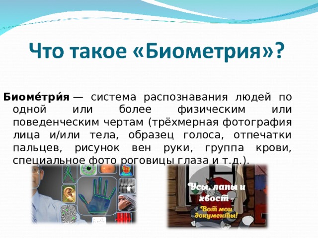 Биоме́три́я  — система распознавания людей по одной или более физическим или поведенческим чертам (трёхмерная фотография лица и/или тела, образец голоса, отпечатки пальцев, рисунок вен руки, группа крови, специальное фото роговицы глаза и т.д.). 