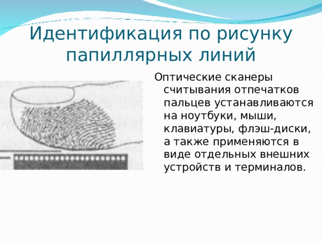 Идентификация по рисунку папиллярных линий   Оптические сканеры считывания отпечатков пальцев устанавливаются на ноутбуки, мыши, клавиатуры, флэш-диски, а также применяются в виде отдельных внешних устройств и терминалов. 