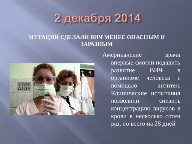 МУТАЦИИ СДЕЛАЛИ ВИЧ МЕНЕЕ ОПАСНЫМ И ЗАРАЗНЫМ Американские врачи впервые смогли подавить развитие ВИЧ в организме человека с помощью антител. Клинические испытания позволили снизить концентрацию вирусов в крови в несколько сотен раз, но всего на 28 дней 