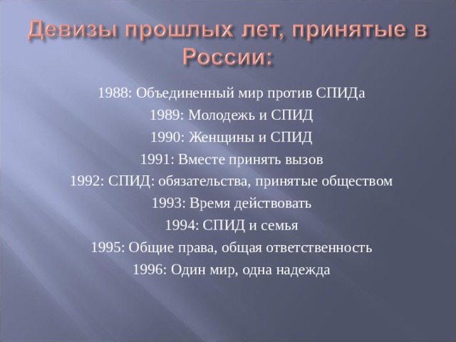 1988: Объединенный мир против СПИДа 1989: Молодежь и СПИД 1990: Женщины и СПИД 1991: Вместе принять вызов 1992: СПИД: обязательства, принятые обществом 1993: Время действовать 1994: СПИД и семья 1995: Общие права, общая ответственность 1996: Один мир, одна надежда 