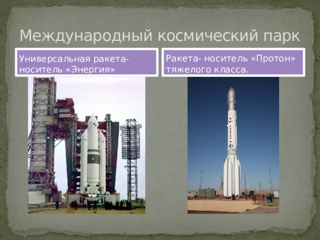 Международный космический парк Универсальная ракета- носитель «Энергия» Ракета- носитель «Протон» тяжелого класса. 
