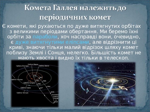 Є комети, які рухаються по дуже витягнутих орбітах з великими періодами обертання. Ми беремо їхні орбіти за параболи , хоч насправді вони, очевидно, є дуже витягнутими еліпсами , але відрізнити ці криві, знаючи тільки малий відрізок шляху комет поблизу Землі і Сонця, нелегко. Більшість комет не мають хвоста і видно їх тільки в телескоп. 