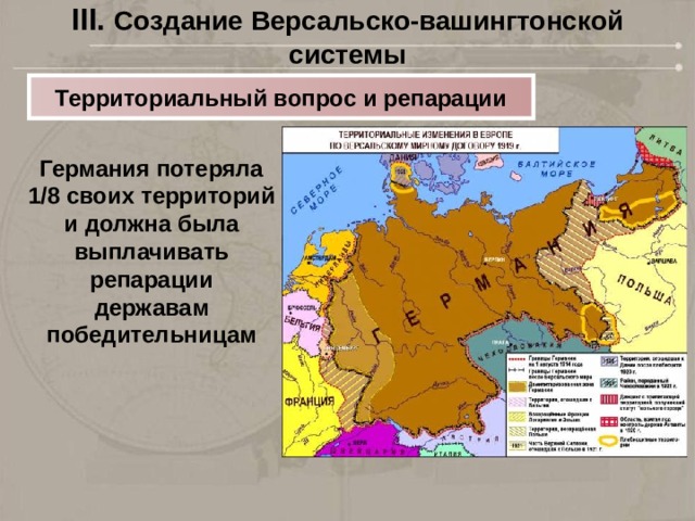 III. Создание Версальско-вашингтонской системы Территориальный вопрос и репарации Германия потеряла 1/8 своих территорий и должна была выплачивать репарации державам победительницам 