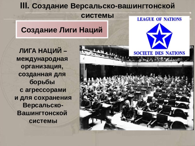 III. Создание Версальско-вашингтонской системы Создание Лиги Наций ЛИГА НАЦИЙ – международная организация, созданная для борьбы с агрессорами и для сохранения Версальско- Вашингтонской системы 