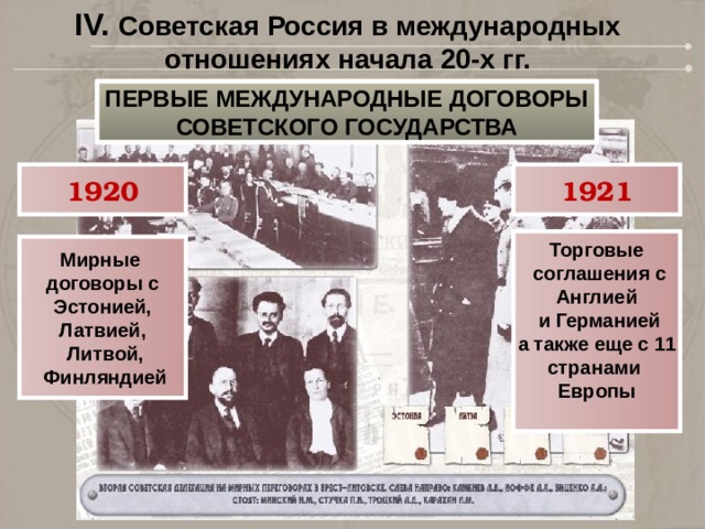 IV. Советская Россия в международных отношениях начала 20-х гг. ПЕРВЫЕ МЕЖДУНАРОДНЫЕ ДОГОВОРЫ СОВЕТСКОГО ГОСУДАРСТВА 1920 1921 Торговые  соглашения с Англией  и Германией а также еще с 11 странами Европы  Мирные договоры с  Эстонией, Латвией,  Литвой,  Финляндией 