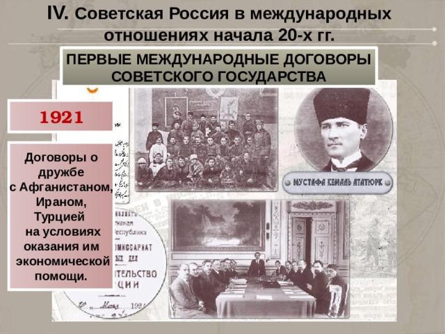 IV. Советская Россия в международных отношениях начала 20-х гг. ПЕРВЫЕ МЕЖДУНАРОДНЫЕ ДОГОВОРЫ СОВЕТСКОГО ГОСУДАРСТВА 1921 Договоры о дружбе с Афганистаном, Ираном, Турцией  на условиях оказания им  экономической помощи.  