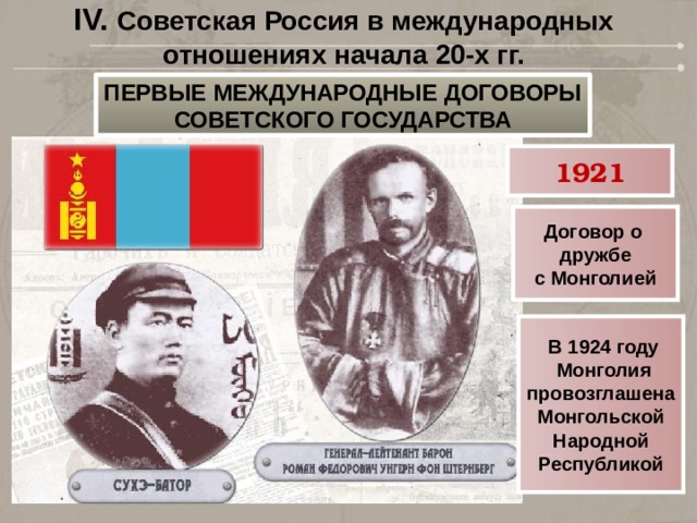 IV. Советская Россия в международных отношениях начала 20-х гг. ПЕРВЫЕ МЕЖДУНАРОДНЫЕ ДОГОВОРЫ СОВЕТСКОГО ГОСУДАРСТВА 1921 Договор о дружбе с Монголией  В 1924 году  Монголия провозглашена Монгольской Народной Республикой 