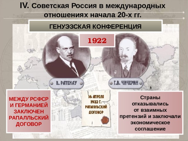 IV. Советская Россия в международных отношениях начала 20-х гг. ГЕНУЭЗСКАЯ КОНФЕРЕНЦИЯ 1922 МЕЖДУ РСФСР И ГЕРМАНИЕЙ ЗАКЛЮЧЕН РАПАЛЛЬСКИЙ ДОГОВОР Страны отказывались от взаимных претензий и заключали экономическое соглашение 
