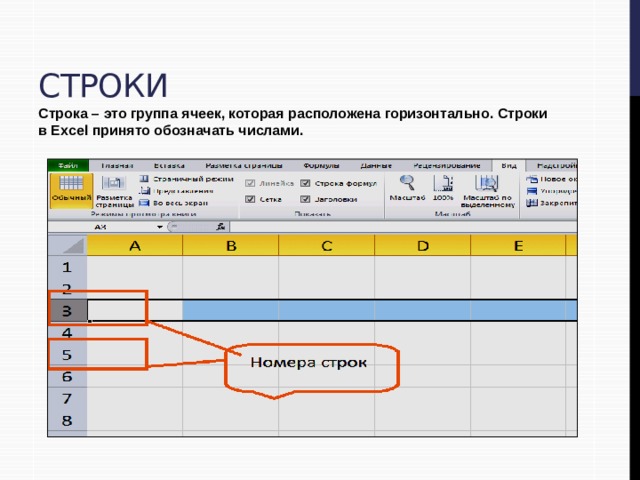 Строки Строка – это группа ячеек, которая расположена горизонтально. Строки в Excel принято обозначать числами. 