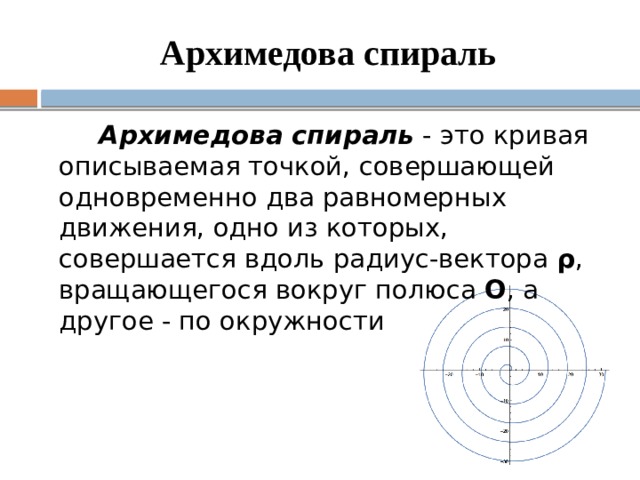 Опиши точками. Архимедова спираль. Уравнение архимедовой спирали. Архимедова спираль в декартовых координатах. Архимедова спираль и золотое сечение.