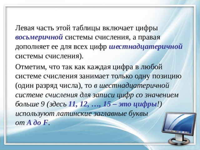 Левая часть этой таблицы включает цифры восьмеричной системы счисления, а правая дополняет ее для всех цифр шестнадцатеричной системы счисления). Отметим, что так как каждая цифра в любой системе счисления занимает только одну позицию (один разряд числа), то в шестнадцатеричной системе счисления для записи цифр со значением больше 9 (здесь 11, 12, …, 15 – это цифры !) используют латинские заглавные буквы от A до F . 