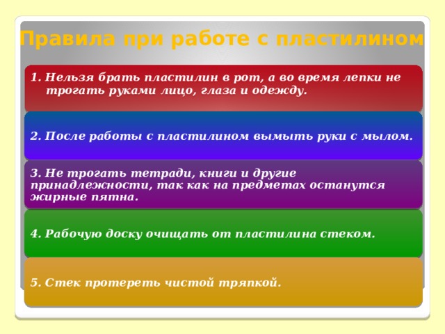 Правила при работе с пластилином 1. Нельзя брать пластилин в рот, а во время лепки не  трогать руками лицо, глаза и одежду.  2. После работы с пластилином вымыть руки с мылом. 3. Не трогать тетради, книги и другие принадлежности, так как на предметах останутся жирные пятна. 4. Рабочую доску очищать от пластилина стеком. 5. Стек протереть чистой тряпкой. 