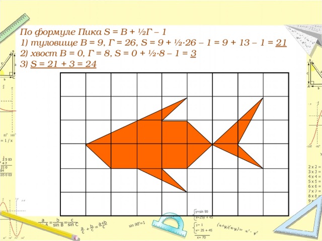 По формуле Пика S = В + ½Г – 1  1) туловище В = 9, Г = 26, S = 9 + ½·26 – 1 = 9 + 13 – 1 = 21  2) хвост В = 0, Г = 8, S = 0 + ½·8 – 1 = 3  3) S = 21 + 3 = 24 