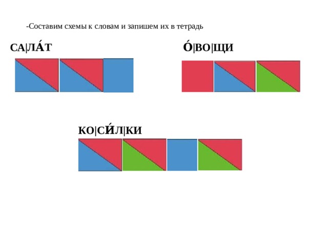 -Составим схемы к словам и запишем их в тетрадь СА|ЛА́Т О́|ВО|ЩИ      КО|СИ́Л|КИ 