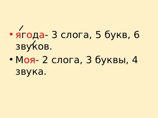 я г о д а - 3 слога, 5 букв, 6 звуков. М оя - 2 слога, 3 буквы, 4 звука. 