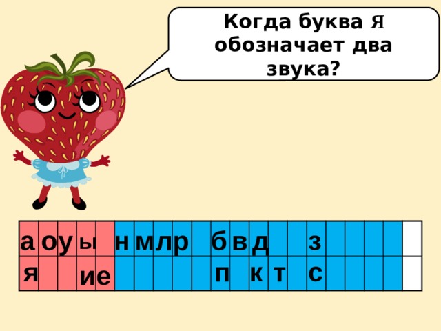Когда буква Я обозначает два звука? о д б з р м а н л у в ы т п к с я е и 