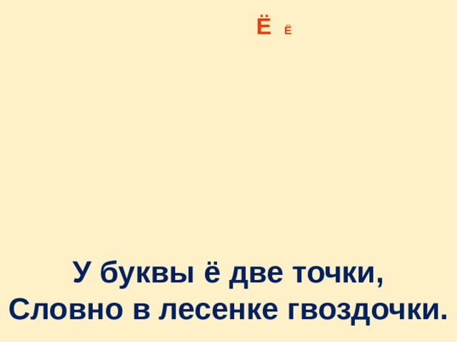 Ё Ё У буквы ё две точки, Словно в лесенке гвоздочки. 