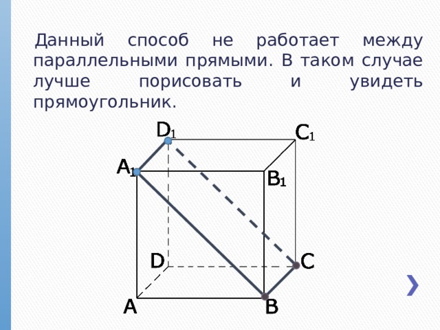 Данный способ не работает между параллельными прямыми. В таком случае лучше порисовать и увидеть прямоугольник. 